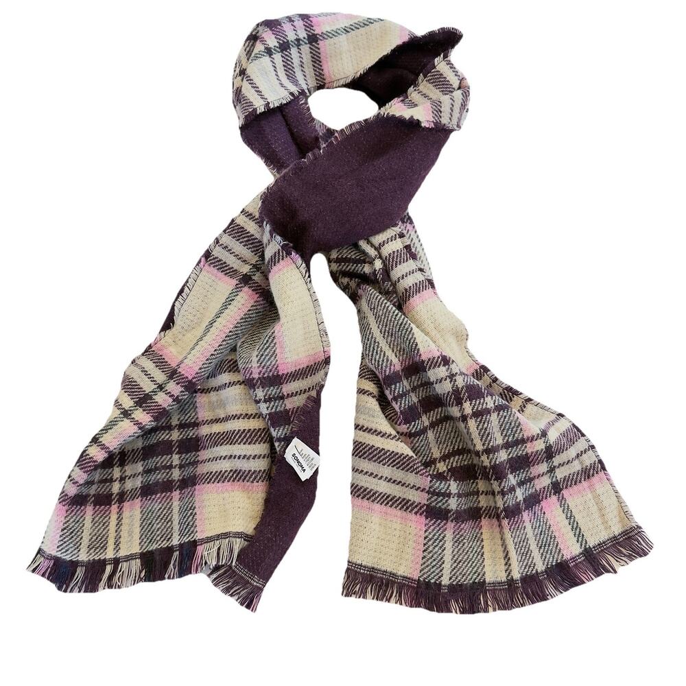 Sonoma Goods For Life Reversible Scarf Purple Pink Plaid Check Soft Fringe